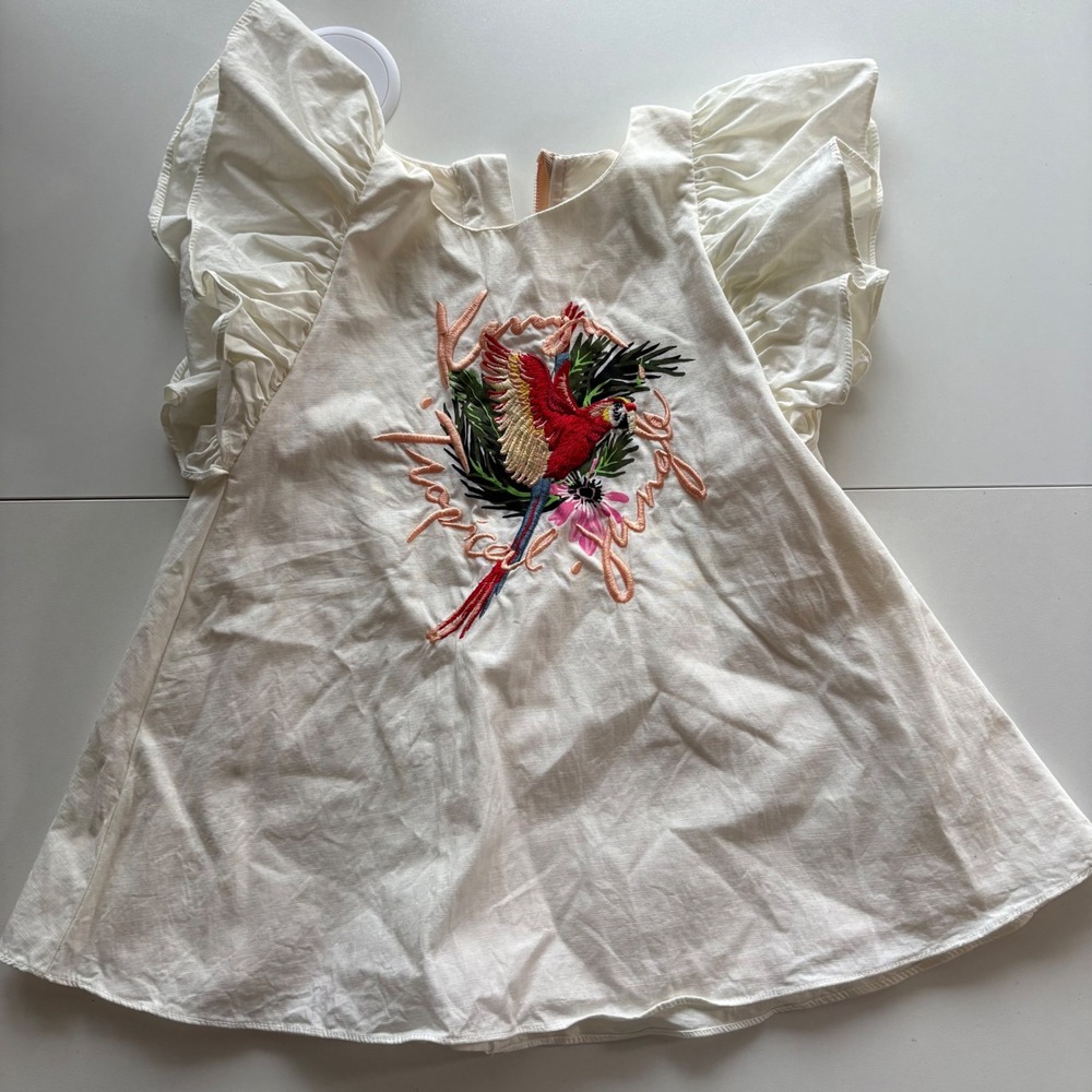 Kenzo Kids Top 2A White Ruffle Sleeve Tropical Parrot‎ Embroidered Blouse